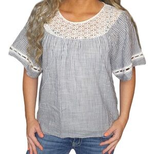LOFT Lace Neck & Sleeve Blue White Pinstripe Seersucker Top